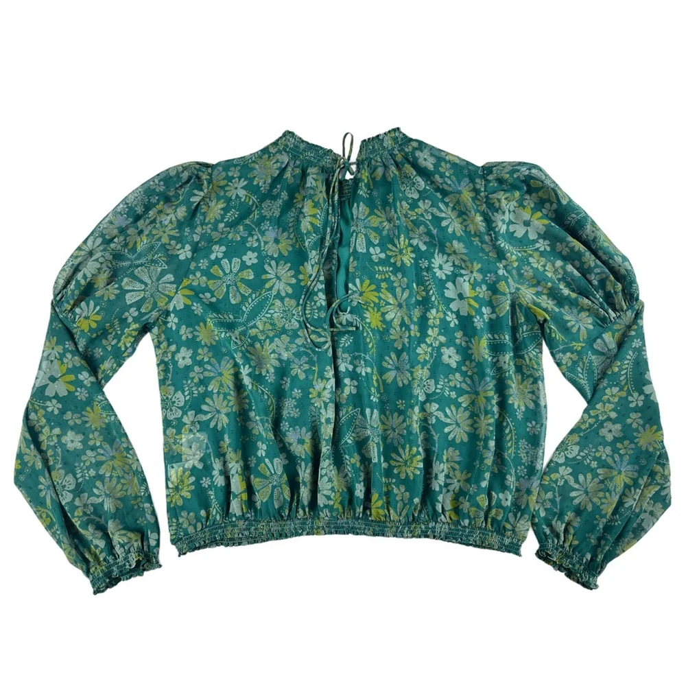 Free People Clarissa Floral Smocked Blouse Green Long Puff Sleeve Size XL